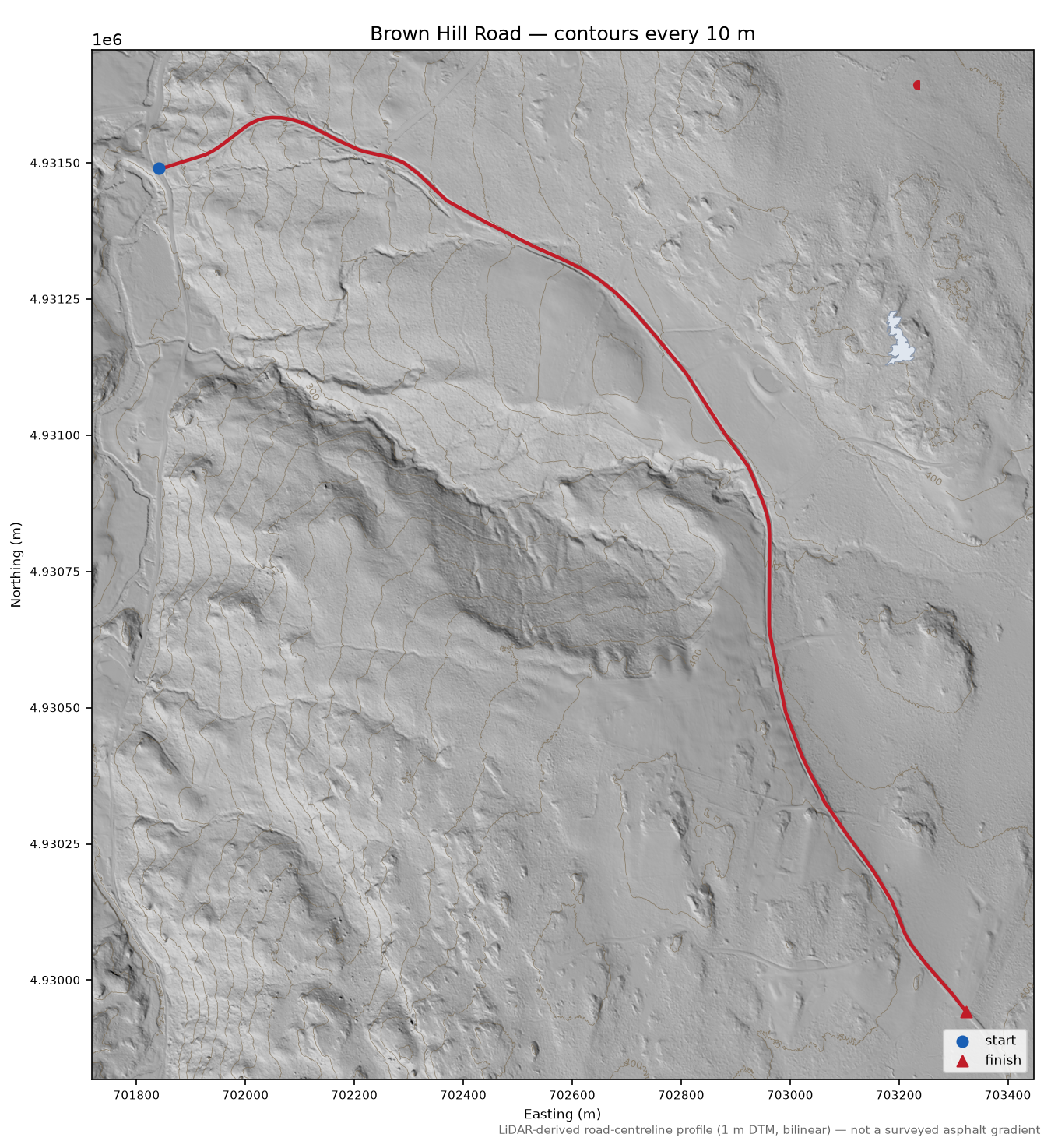 Brown Hill Road LiDAR hillshade map with contours