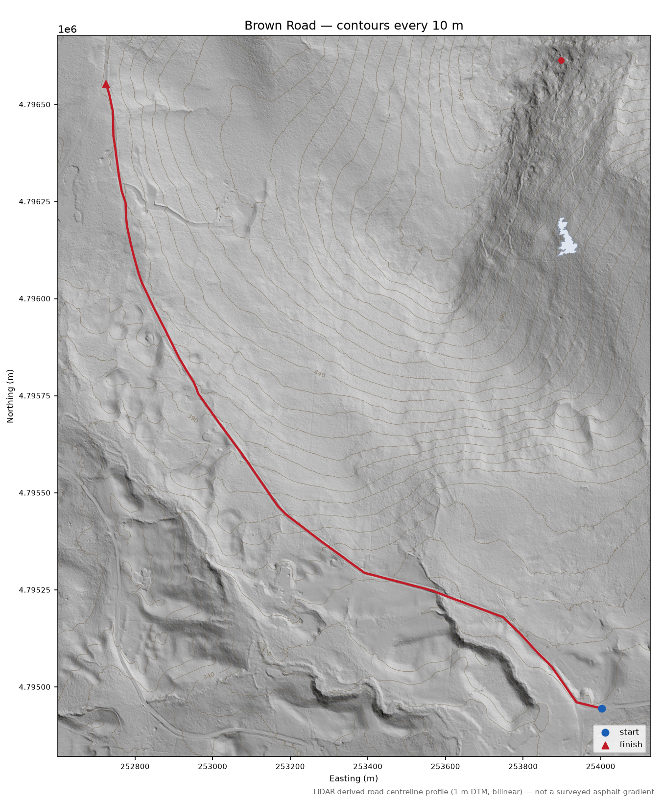 Brown Road LiDAR hillshade map with contours