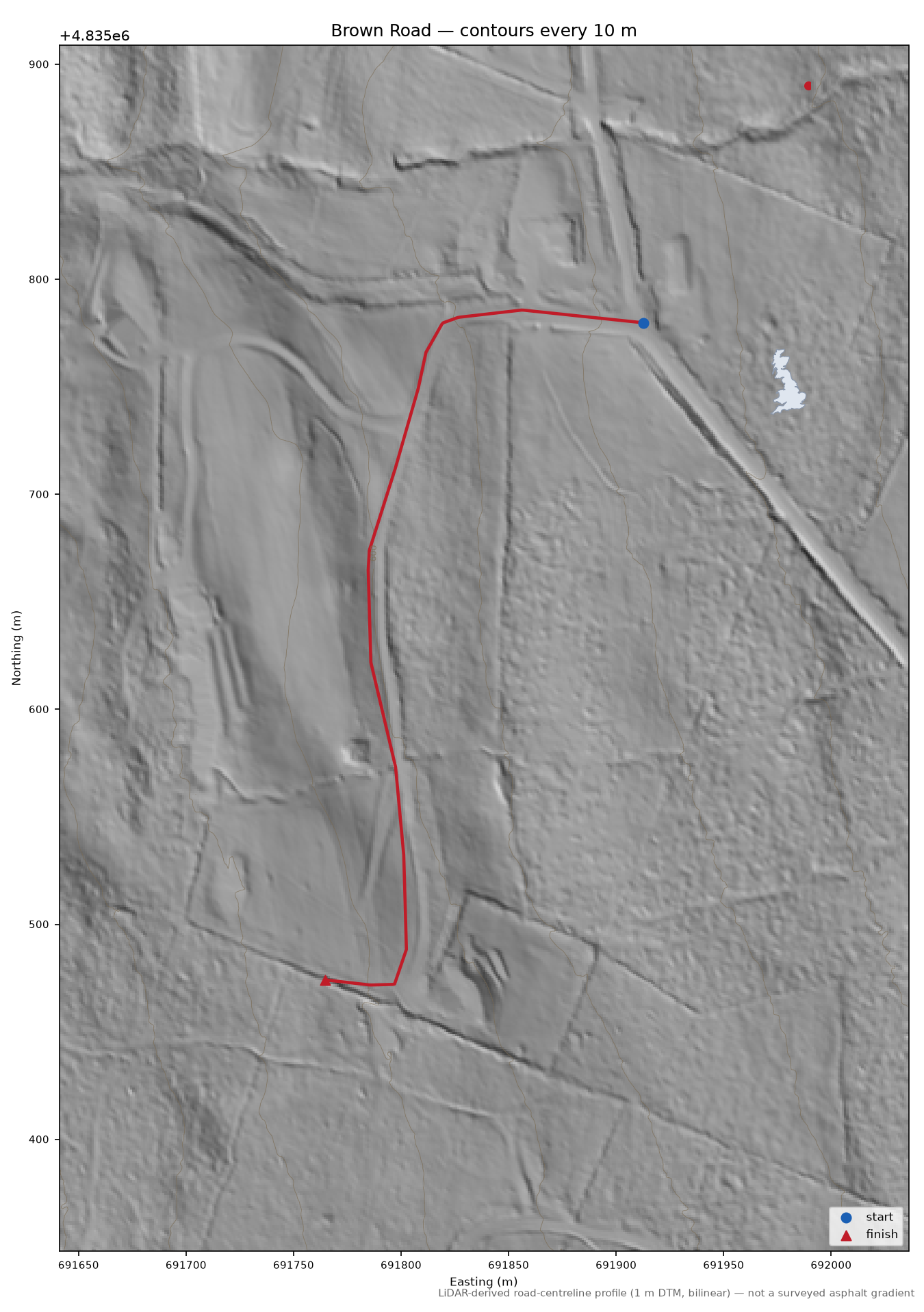Brown Road LiDAR hillshade map with contours