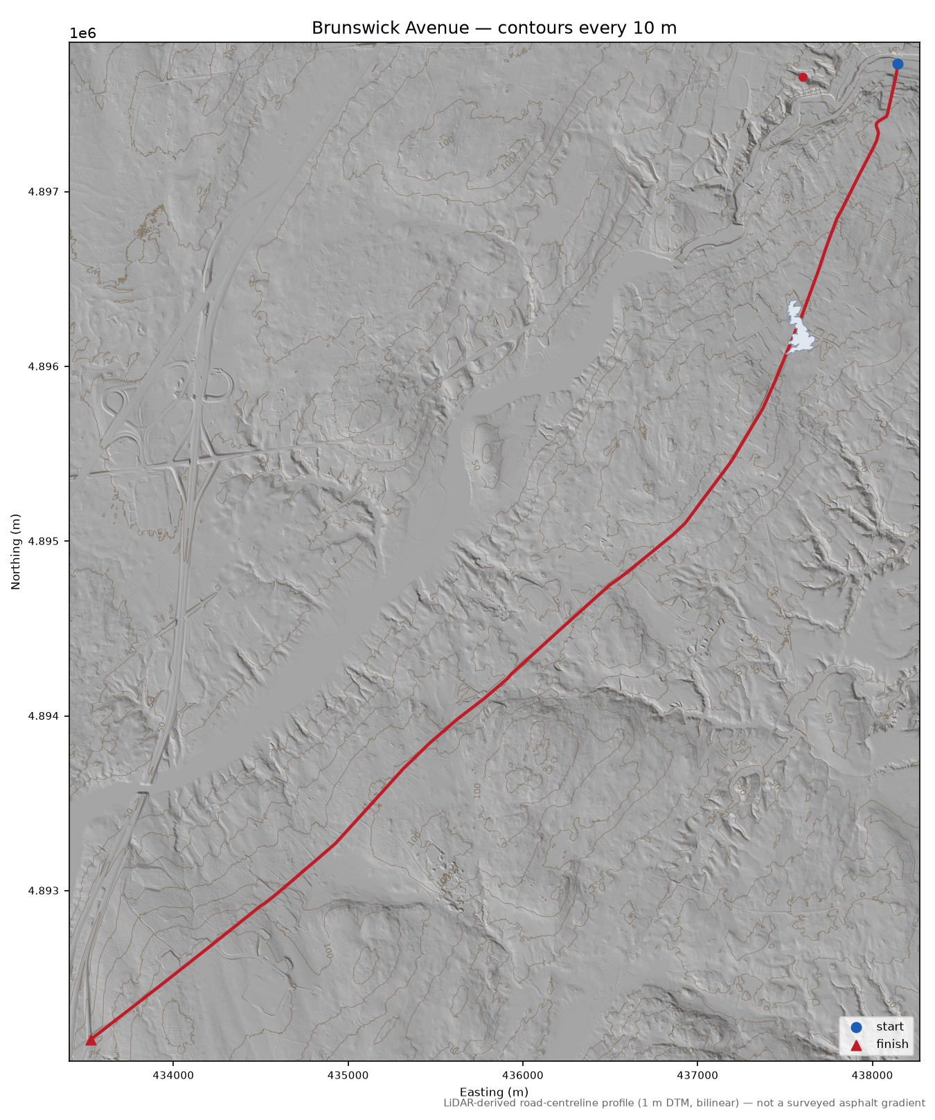Brunswick Avenue LiDAR hillshade map with contours