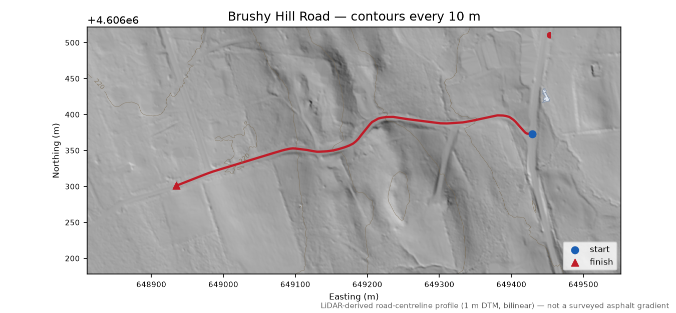 Brushy Hill Road LiDAR hillshade map with contours
