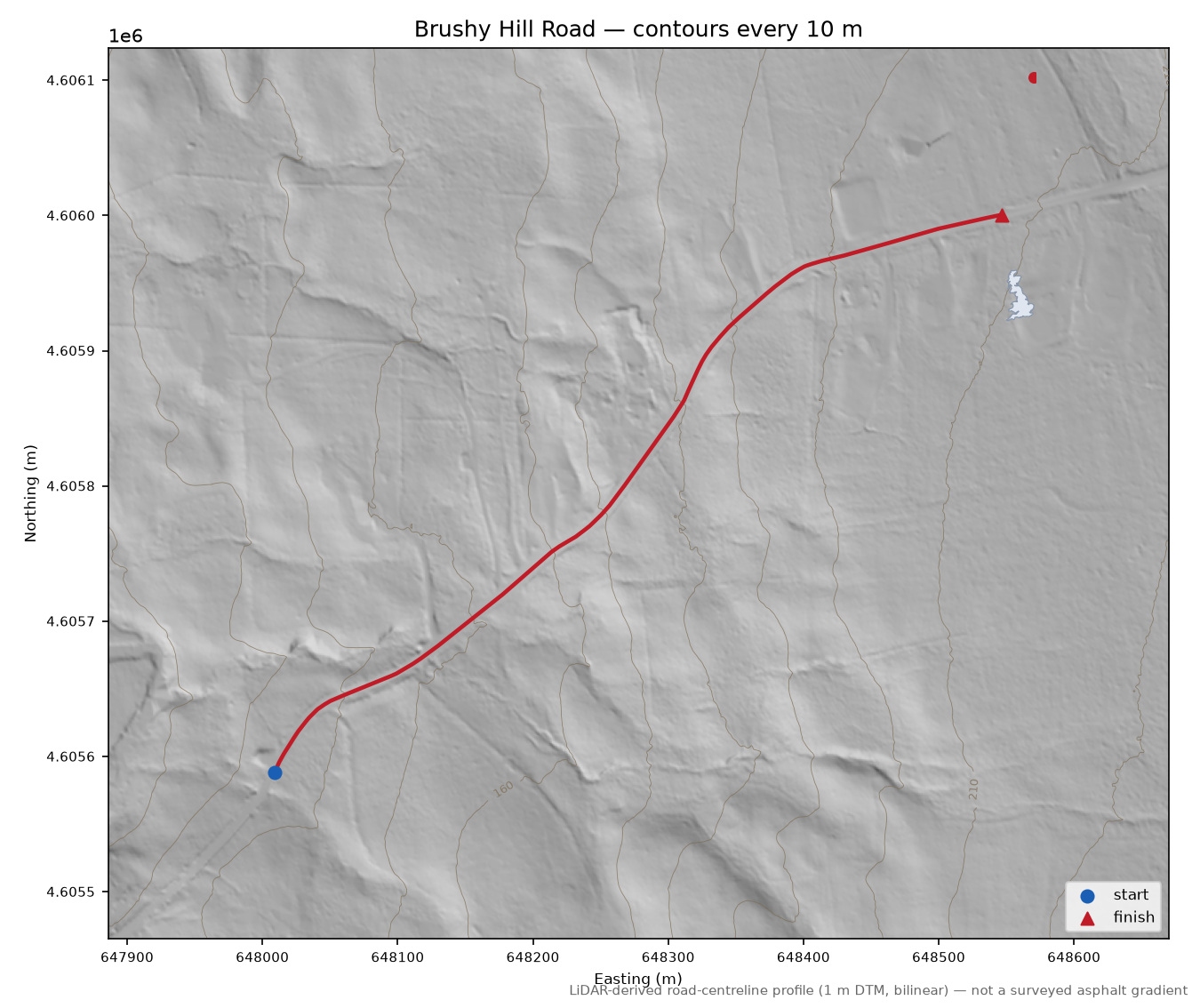Brushy Hill Road LiDAR hillshade map with contours