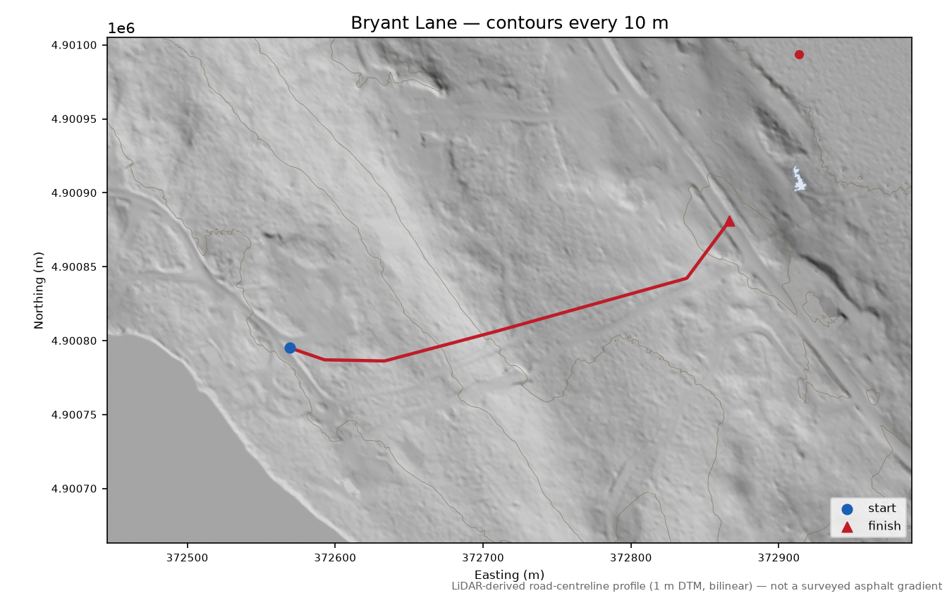Bryant Lane LiDAR hillshade map with contours