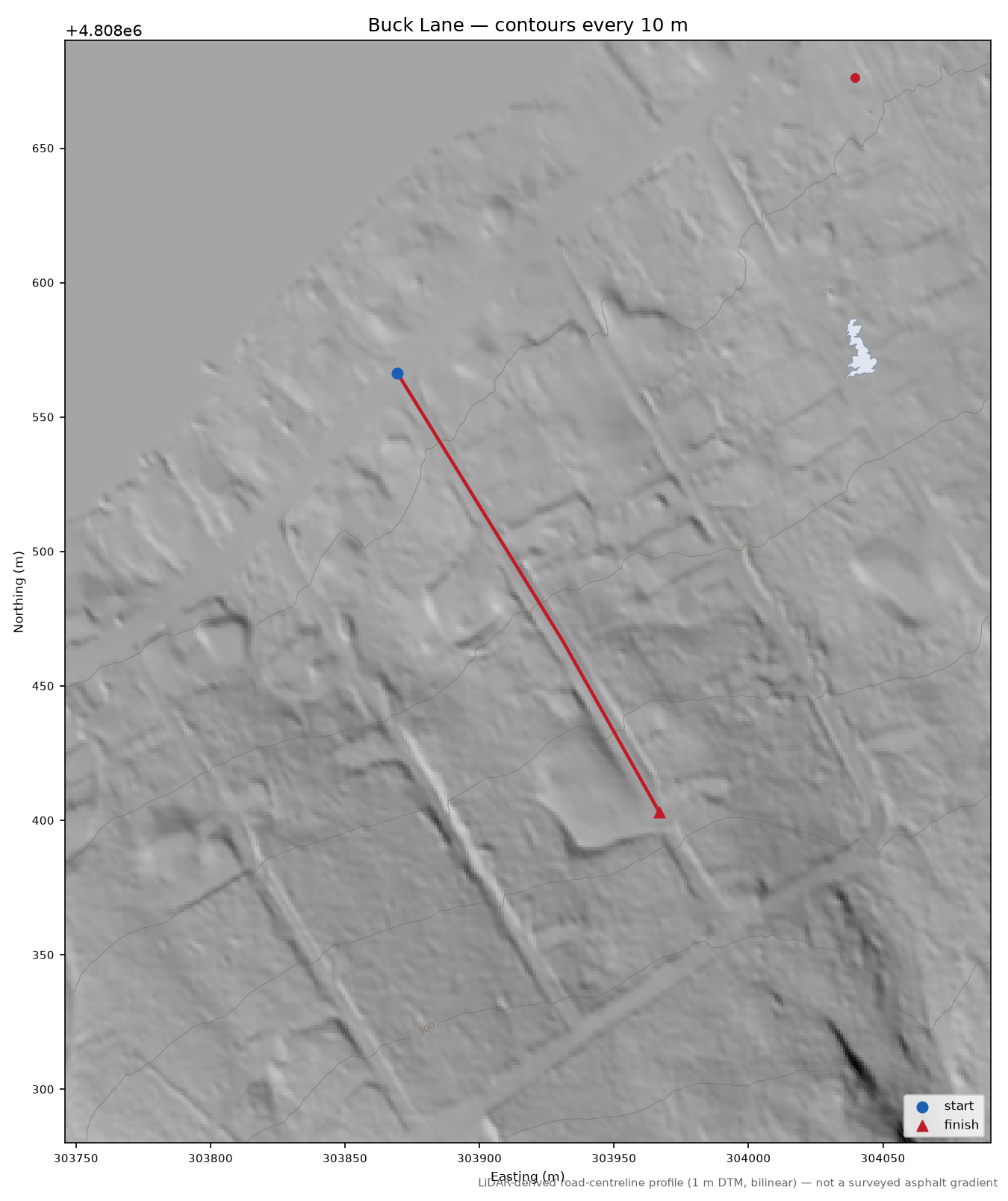 Buck Lane LiDAR hillshade map with contours
