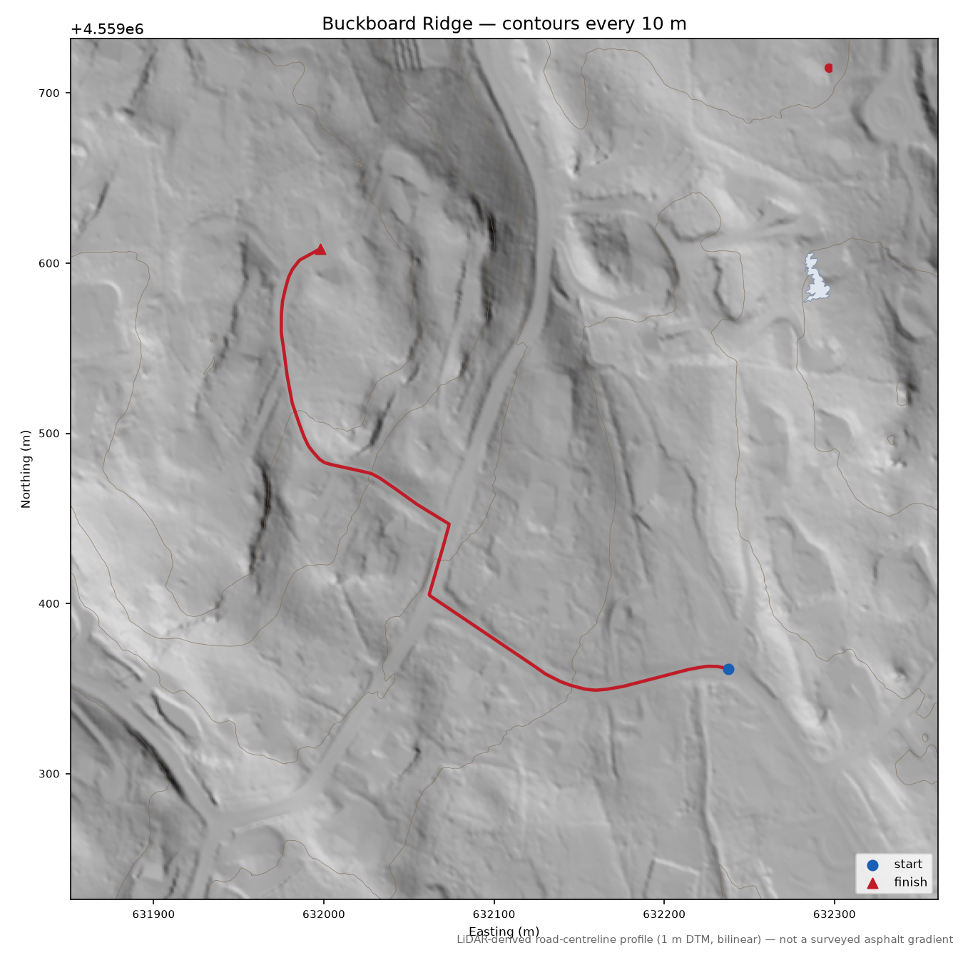 Buckboard Ridge LiDAR hillshade map with contours