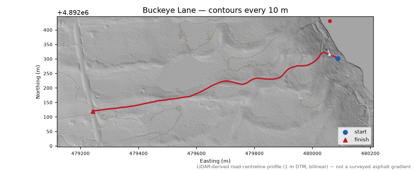 Buckeye Lane LiDAR hillshade map with contours