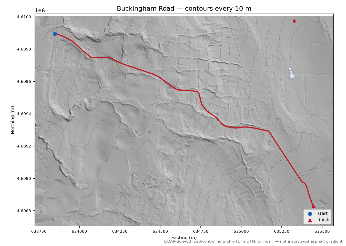 Buckingham Road LiDAR hillshade map with contours