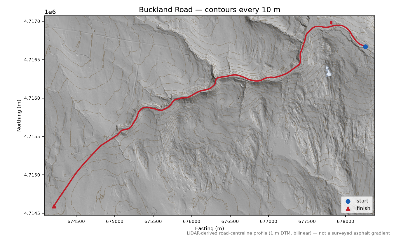 Buckland Road LiDAR hillshade map with contours