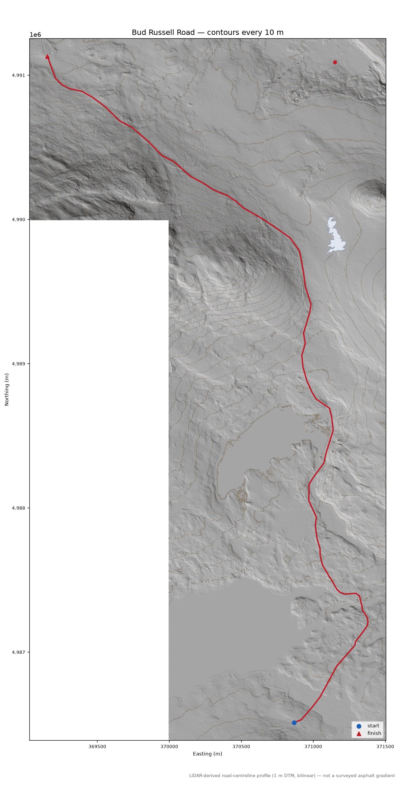 Bud Russell Road LiDAR hillshade map with contours