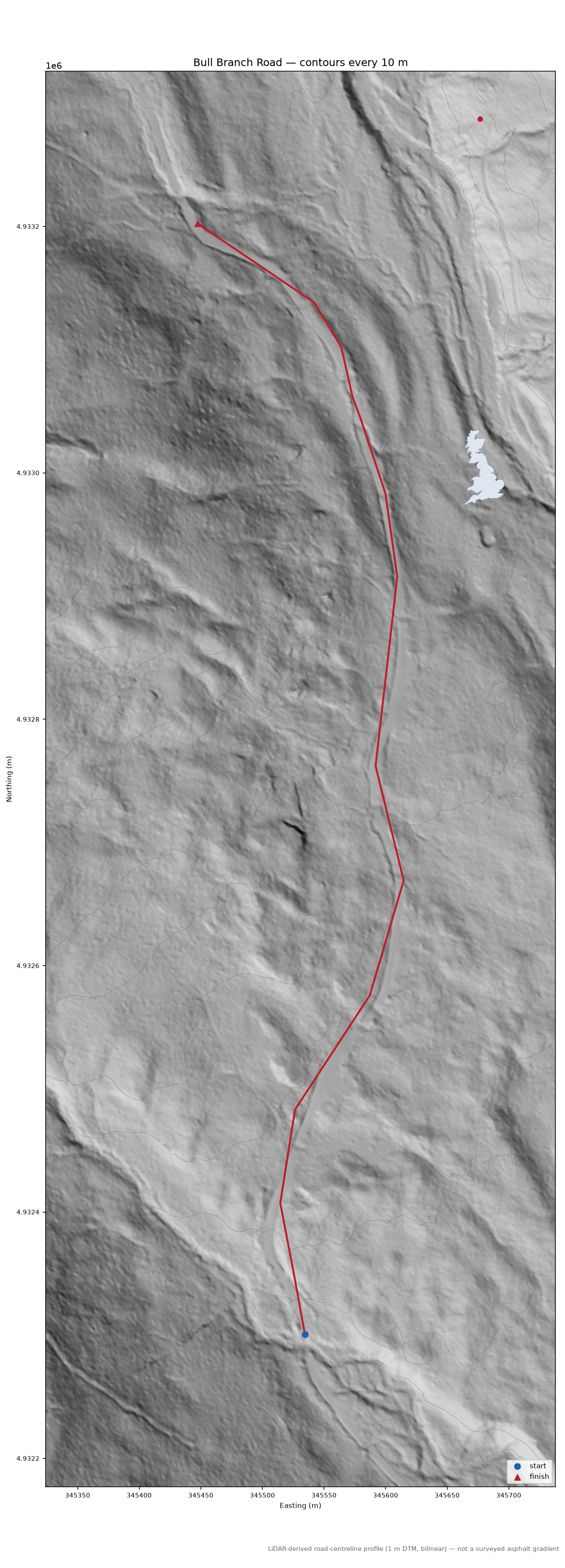 Bull Branch Road LiDAR hillshade map with contours