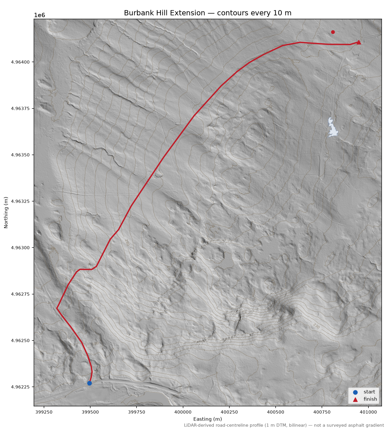 Burbank Hill Extension LiDAR hillshade map with contours