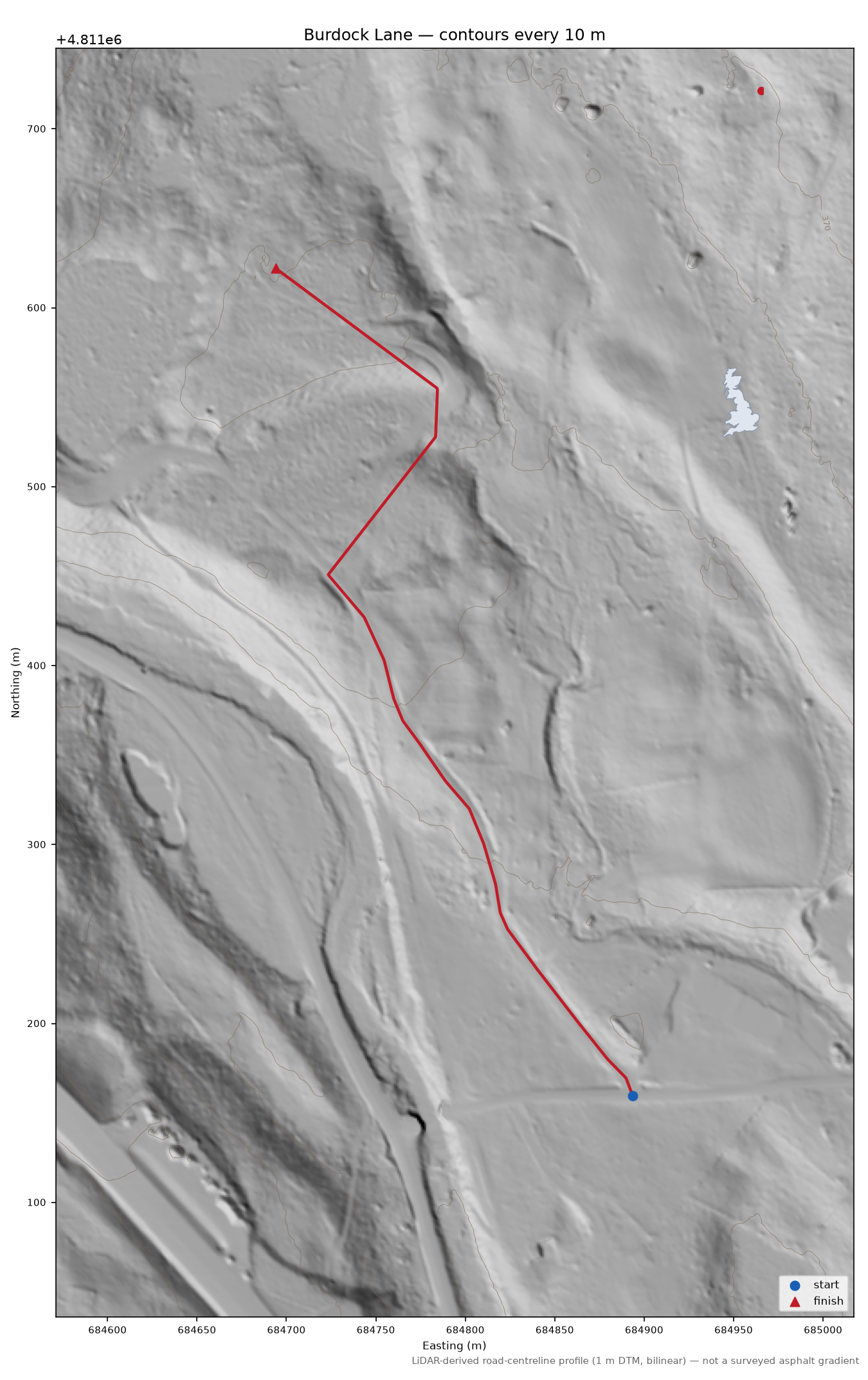 Burdock Lane LiDAR hillshade map with contours