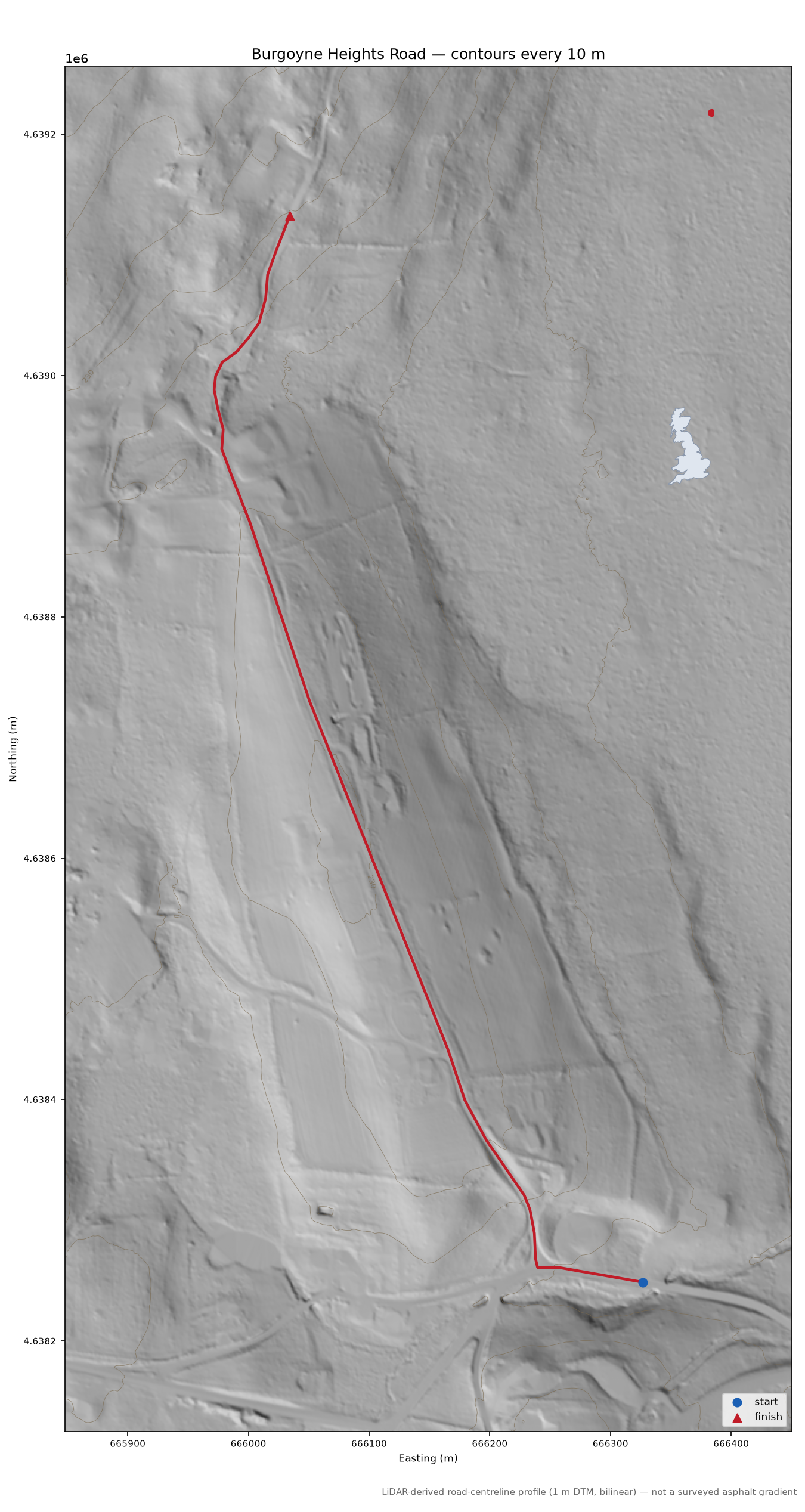 Burgoyne Heights Road LiDAR hillshade map with contours