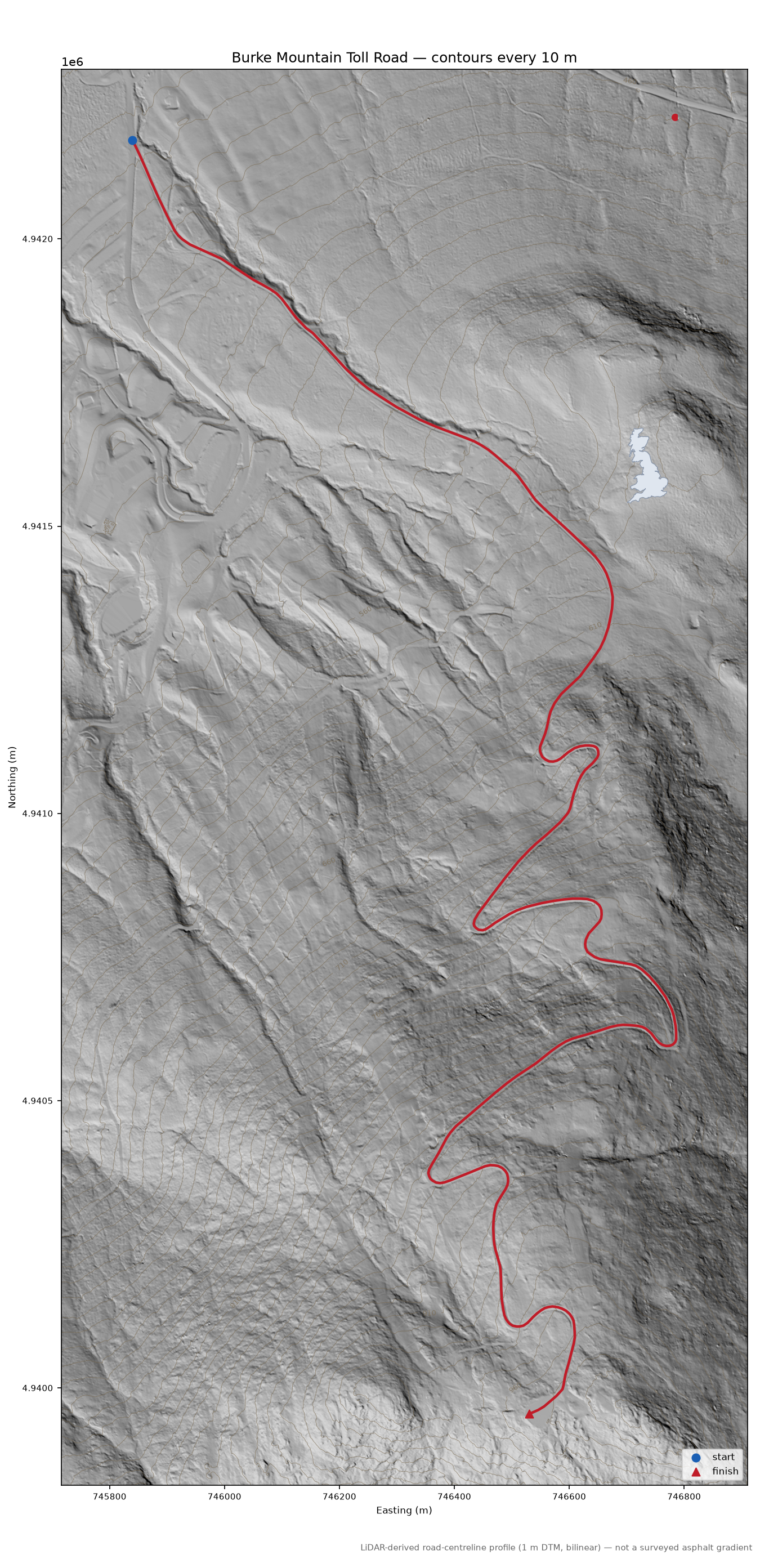 Burke Mountain Toll Road LiDAR hillshade map with contours