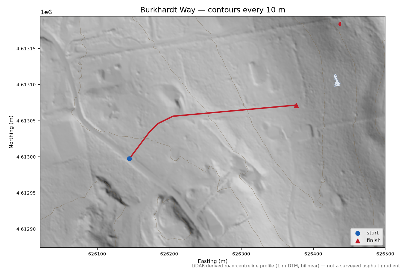 Burkhardt Way LiDAR hillshade map with contours