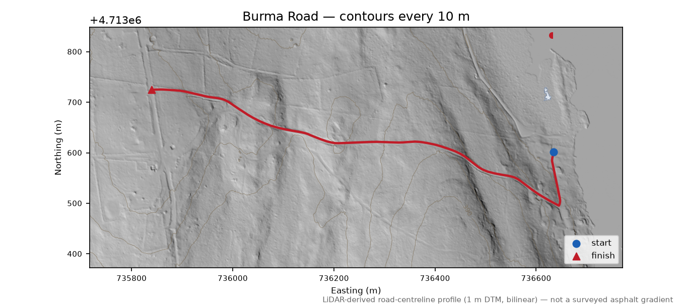 Burma Road LiDAR hillshade map with contours