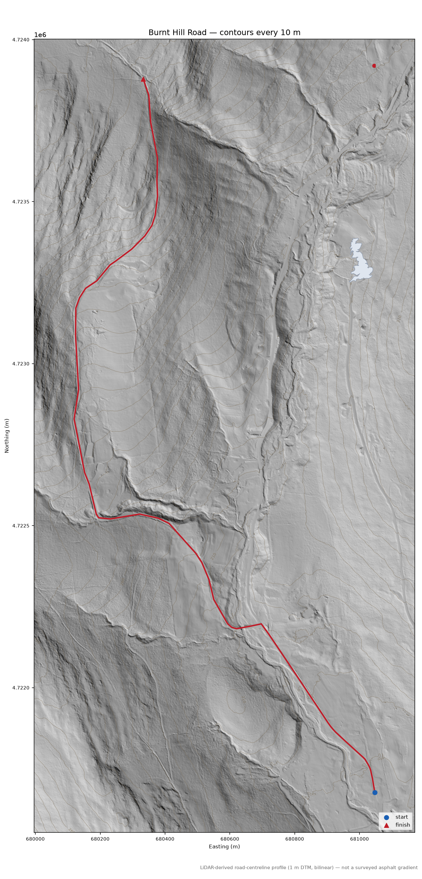 Burnt Hill Road LiDAR hillshade map with contours