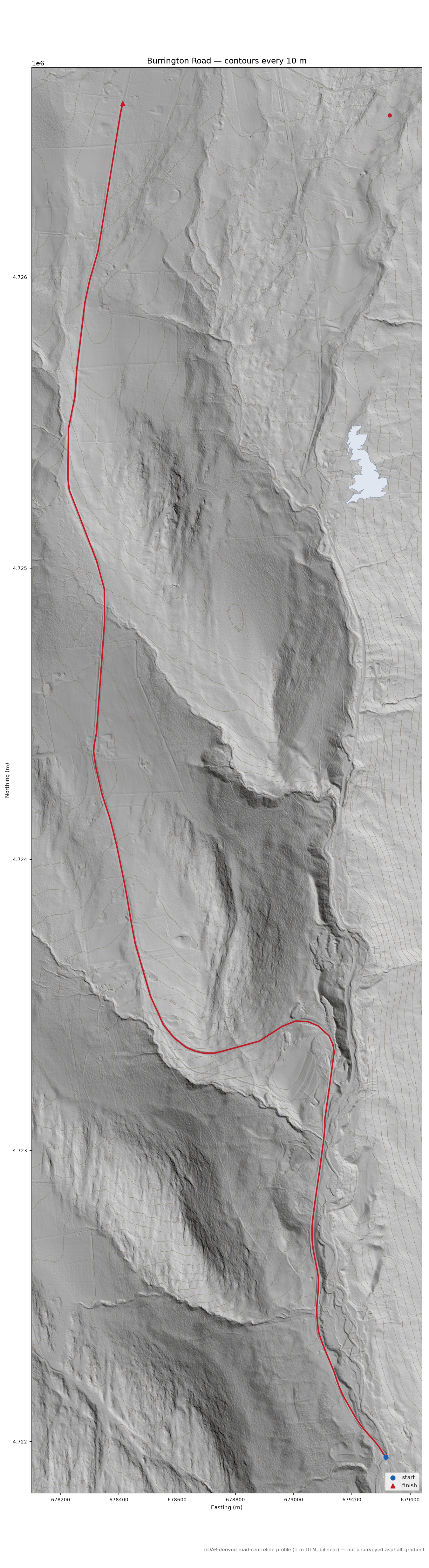 Burrington Road LiDAR hillshade map with contours