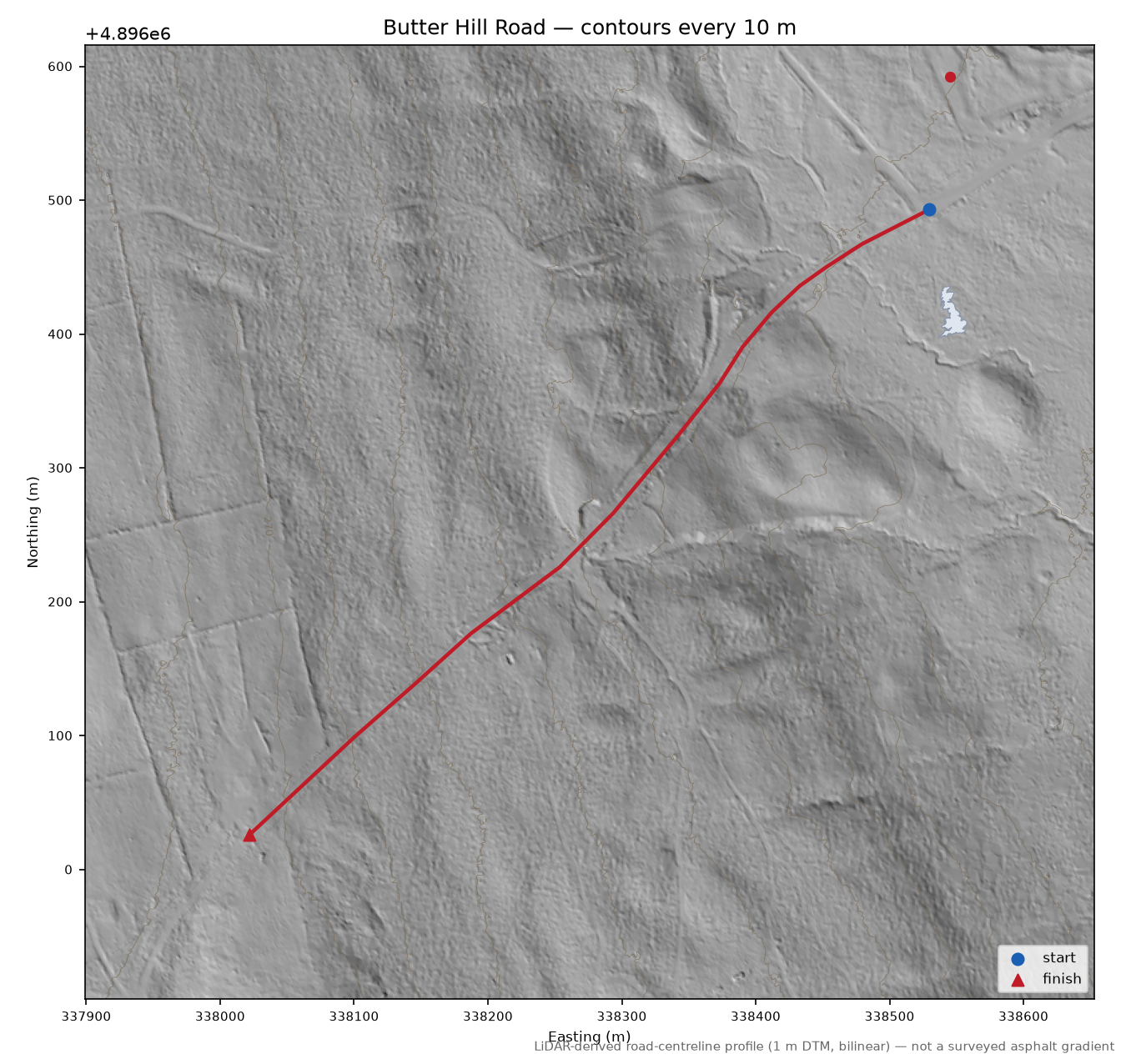 Butter Hill Road LiDAR hillshade map with contours