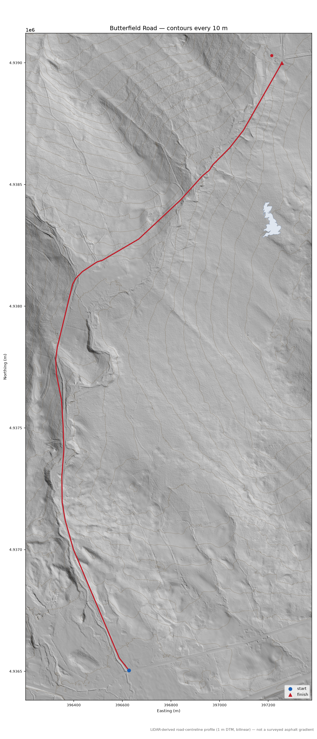 Butterfield Road LiDAR hillshade map with contours