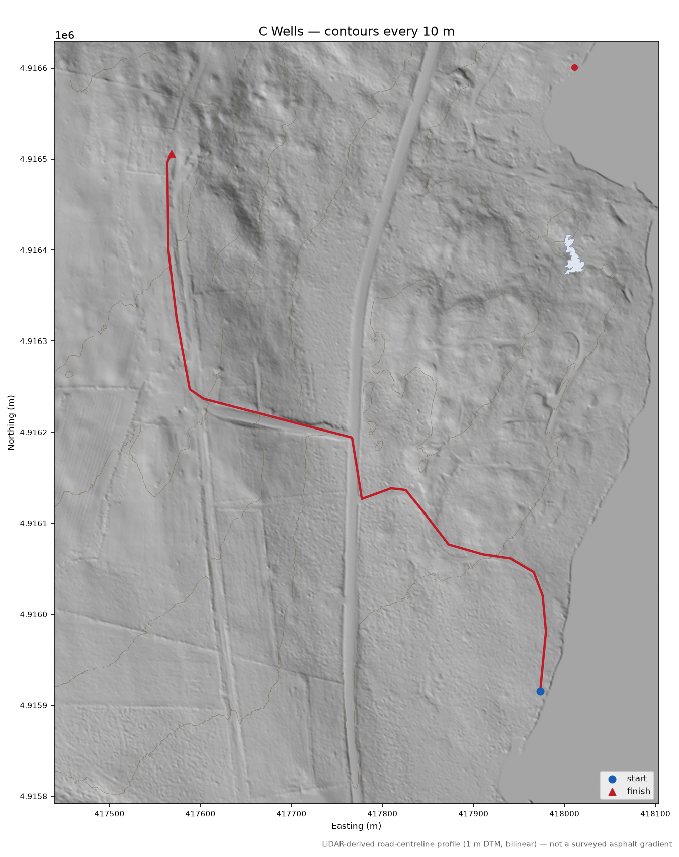 C Wells LiDAR hillshade map with contours