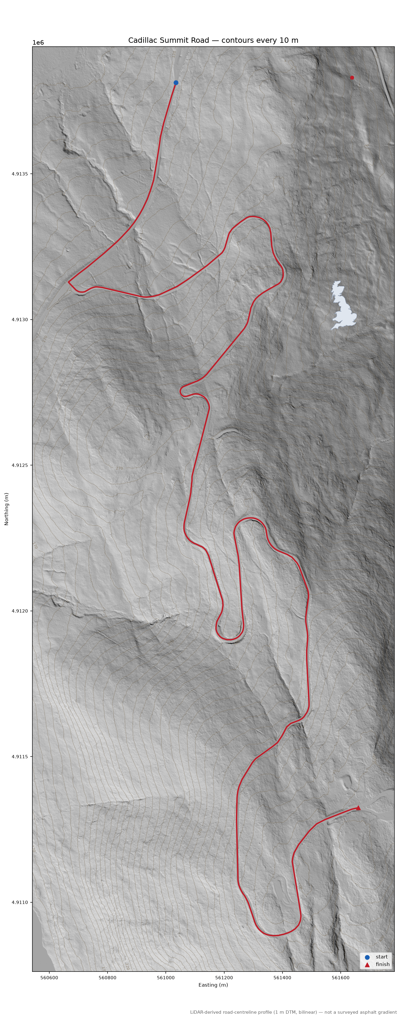 Cadillac Summit Road LiDAR hillshade map with contours