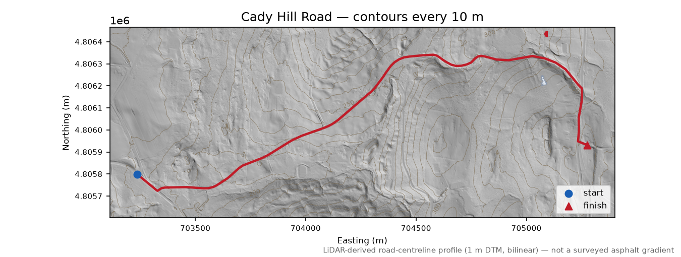 Cady Hill Road LiDAR hillshade map with contours
