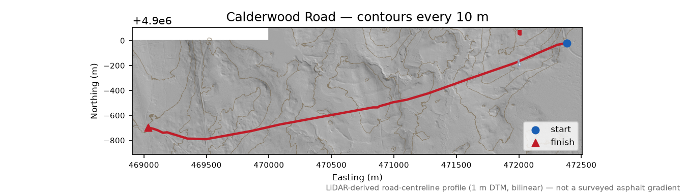 Calderwood Road LiDAR hillshade map with contours