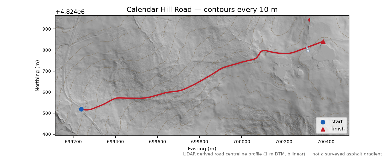 Calendar Hill Road LiDAR hillshade map with contours