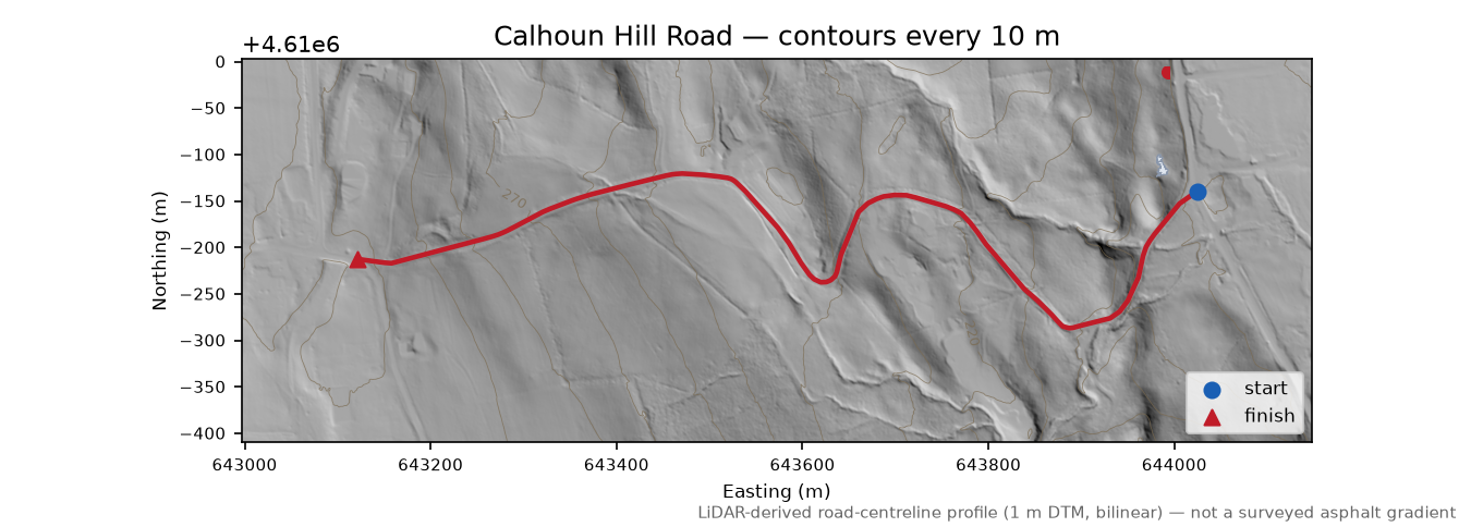 Calhoun Hill Road LiDAR hillshade map with contours