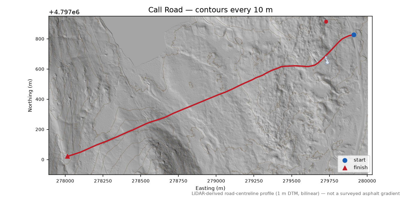 Call Road LiDAR hillshade map with contours