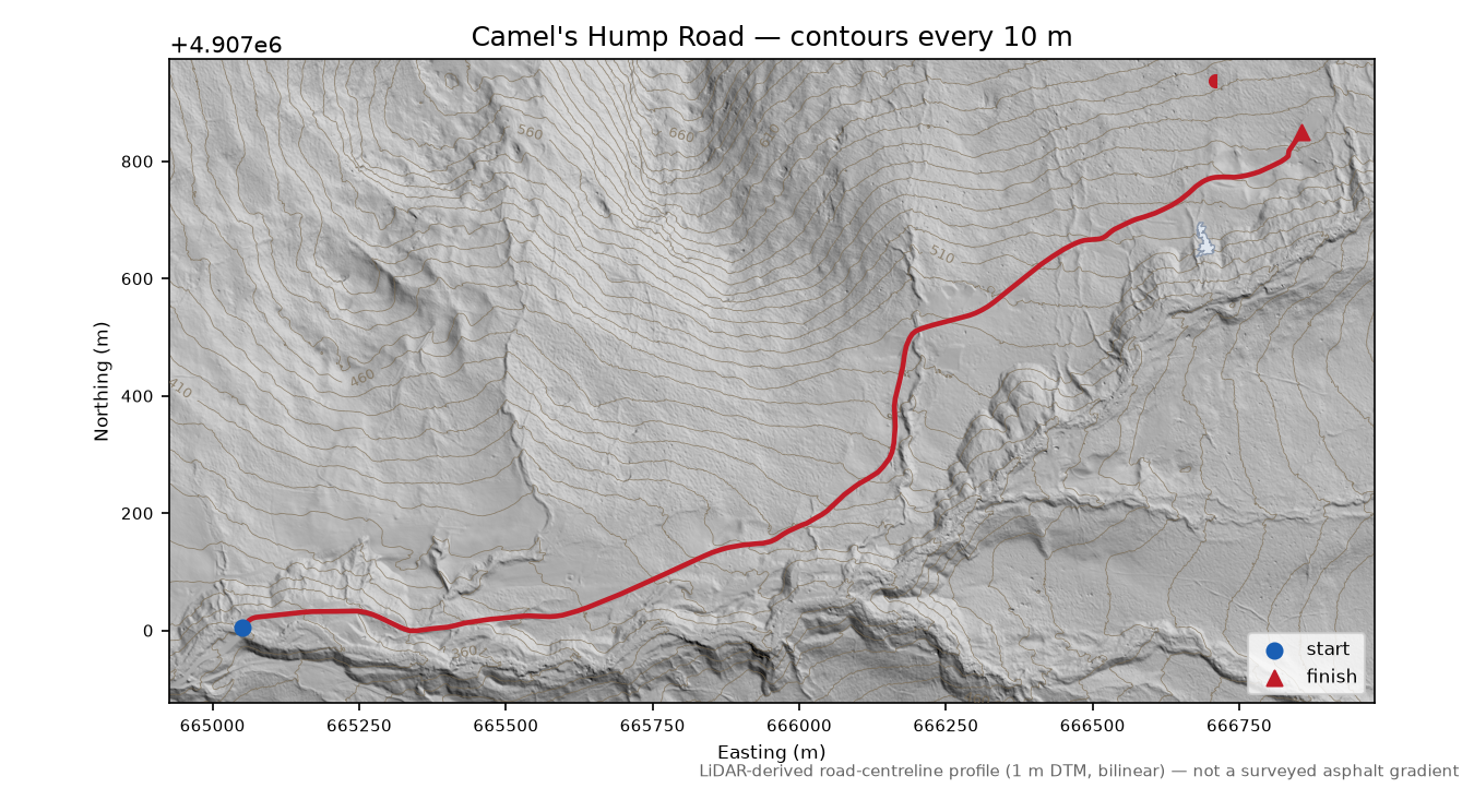 Camel's Hump Road LiDAR hillshade map with contours