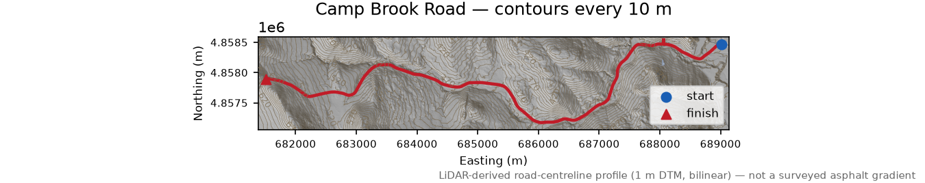 Camp Brook Road LiDAR hillshade map with contours