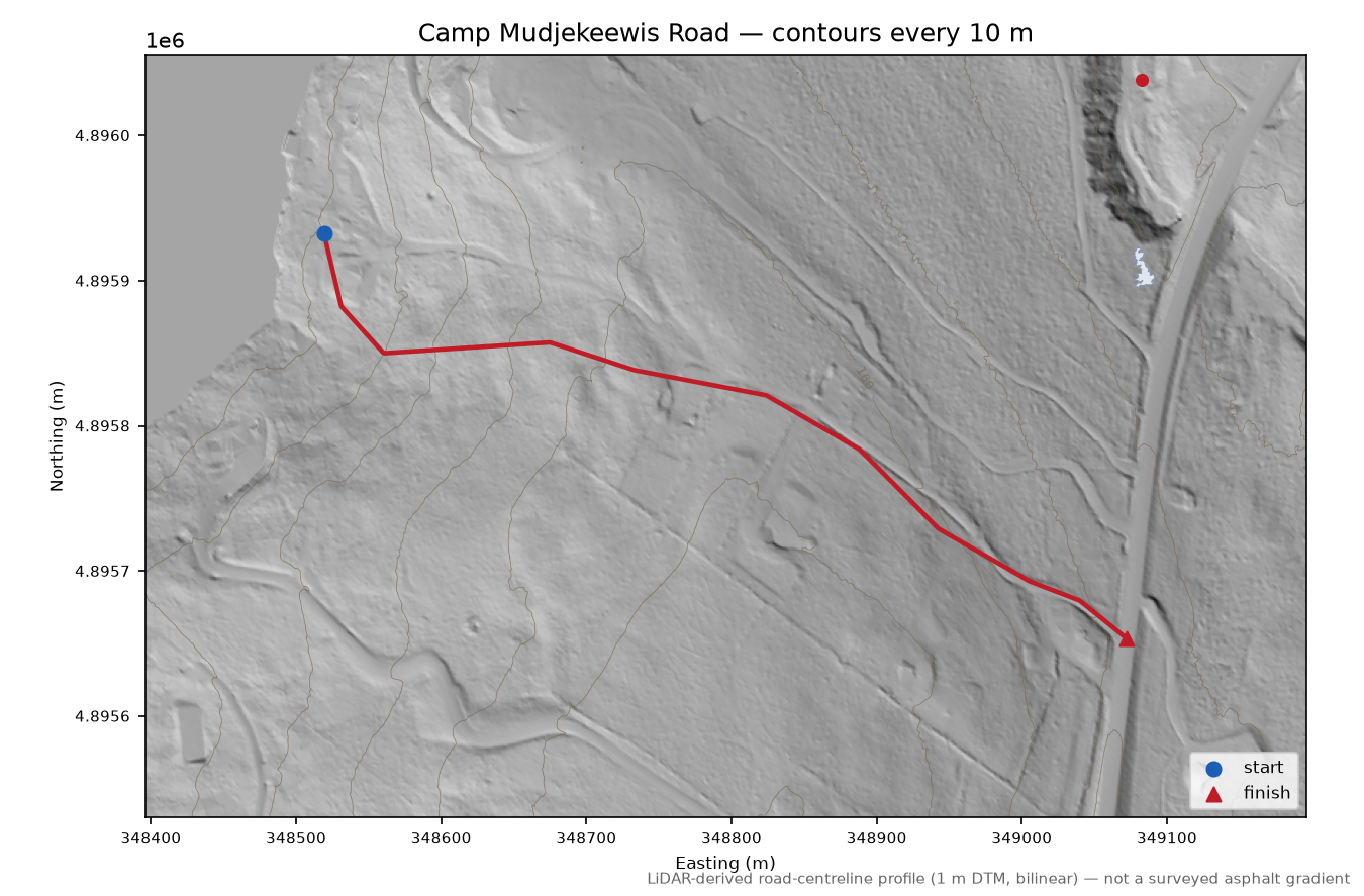 Camp Mudjekeewis Road LiDAR hillshade map with contours