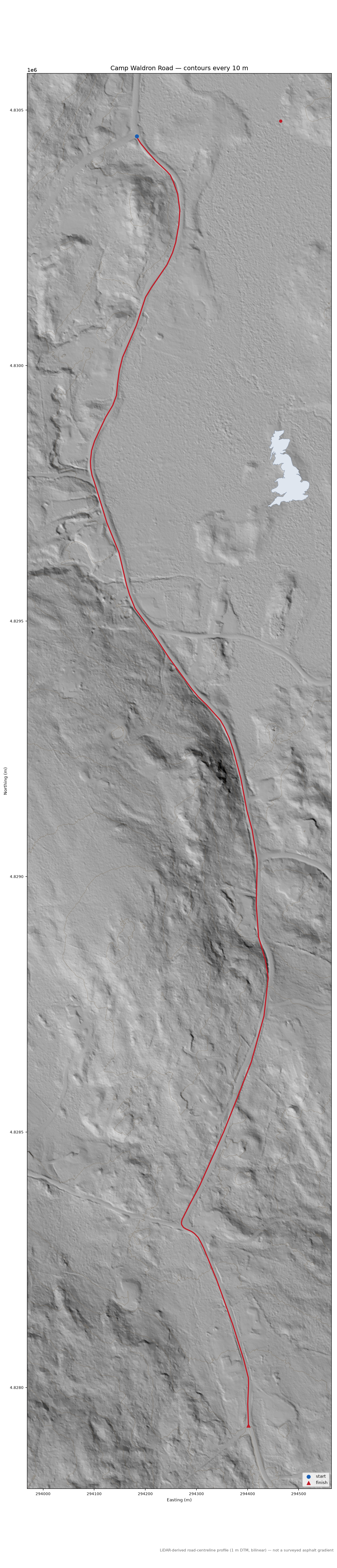 Camp Waldron Road LiDAR hillshade map with contours