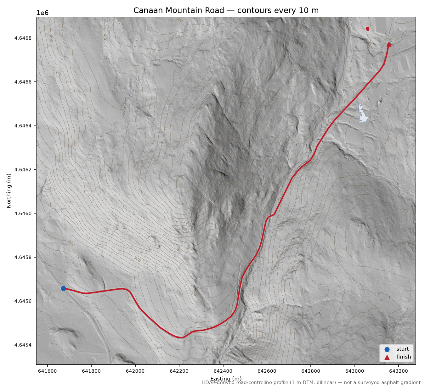 Canaan Mountain Road LiDAR hillshade map with contours