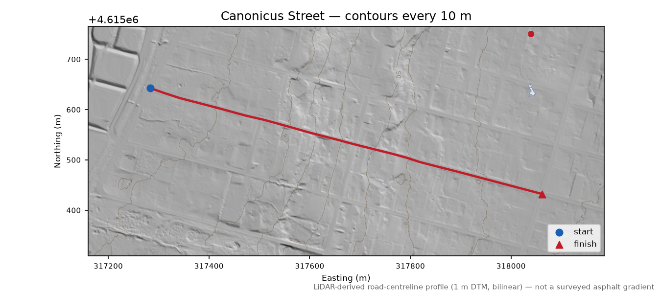 Canonicus Street LiDAR hillshade map with contours
