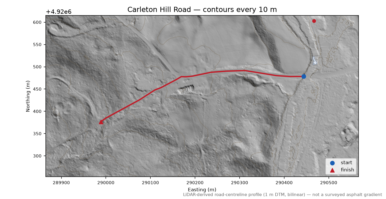 Carleton Hill Road LiDAR hillshade map with contours