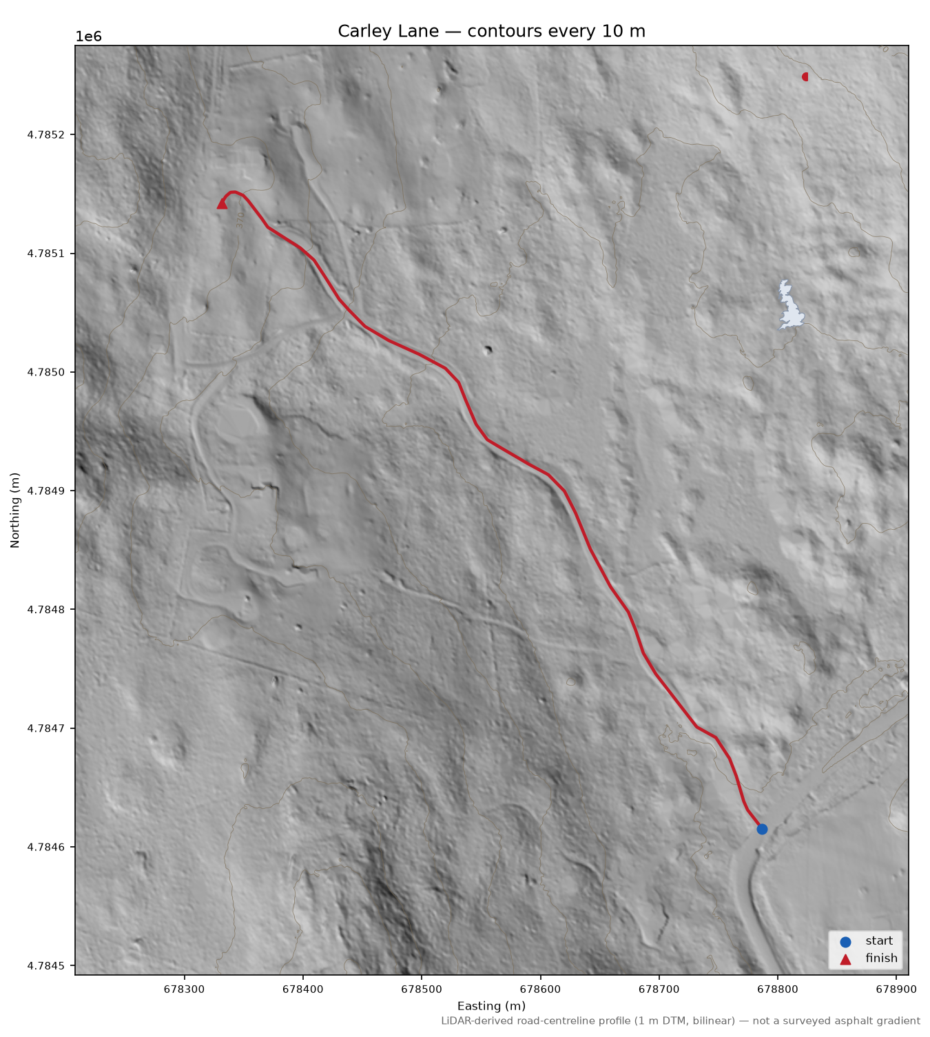 Carley Lane LiDAR hillshade map with contours