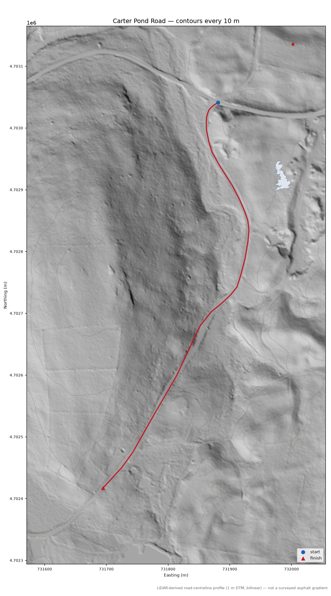 Carter Pond Road LiDAR hillshade map with contours