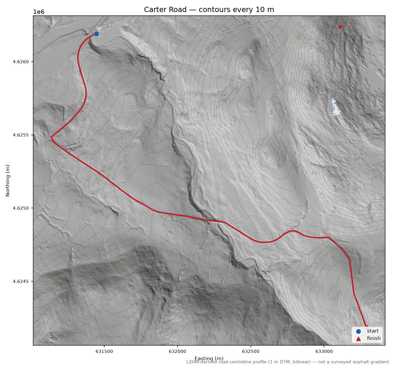 Carter Road LiDAR hillshade map with contours