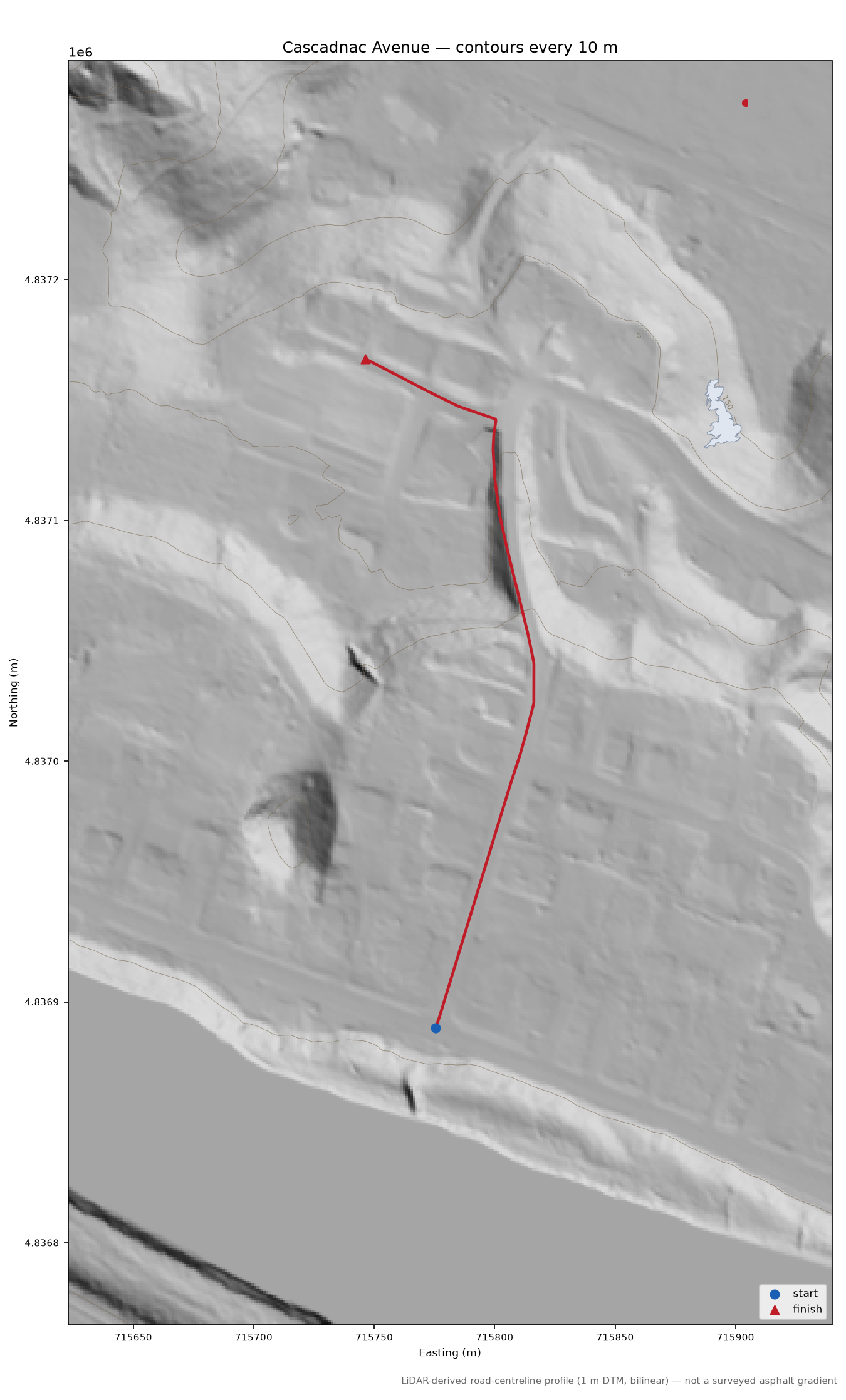 Cascadnac Avenue LiDAR hillshade map with contours