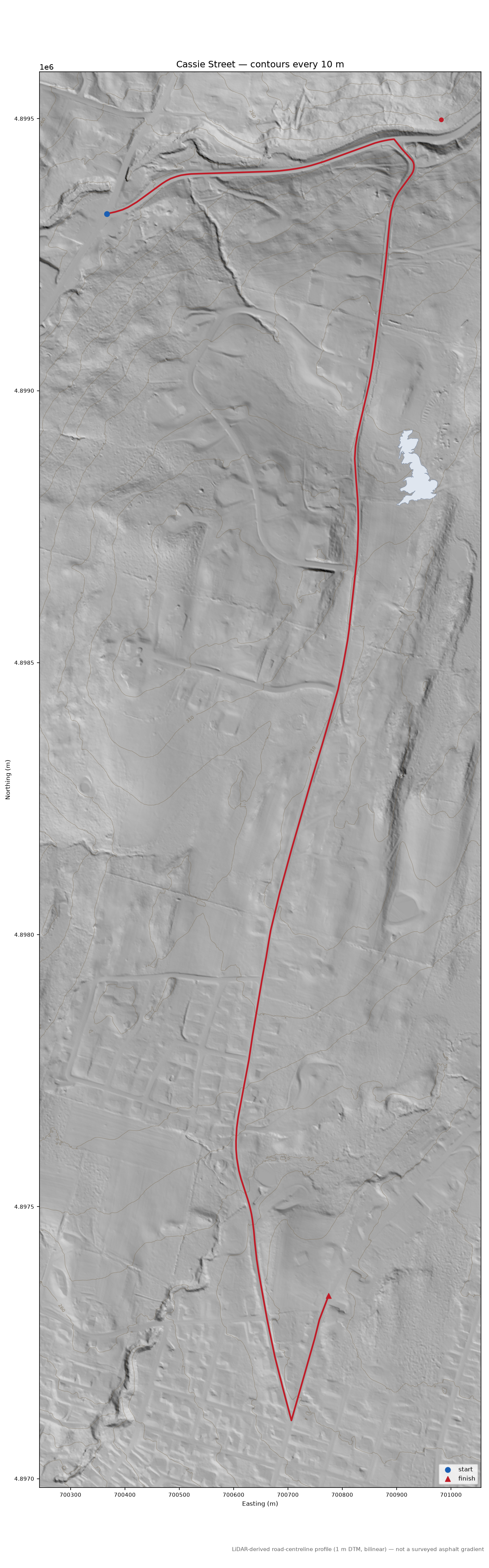 Cassie Street LiDAR hillshade map with contours