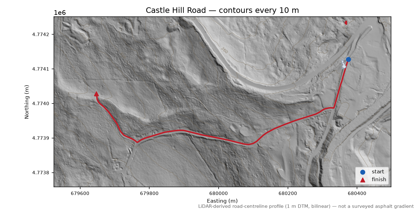 Castle Hill Road LiDAR hillshade map with contours