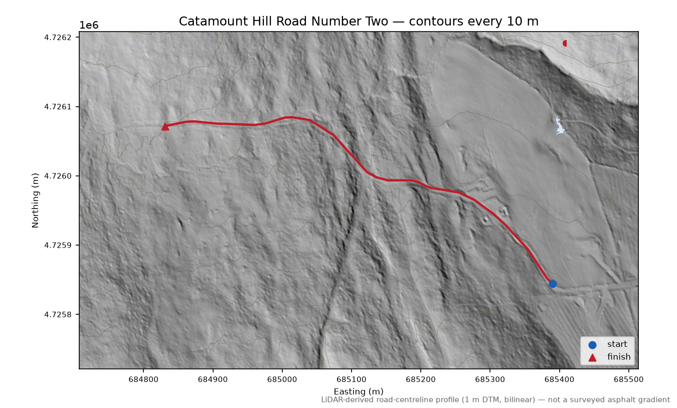 Catamount Hill Road Number Two LiDAR hillshade map with contours