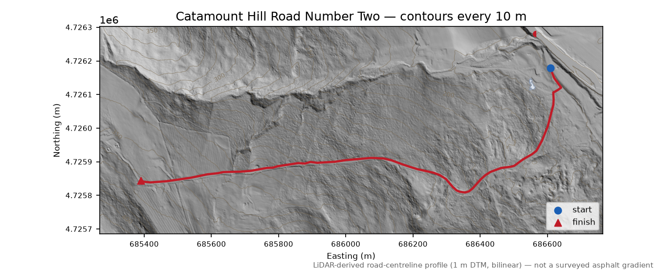 Catamount Hill Road Number Two LiDAR hillshade map with contours