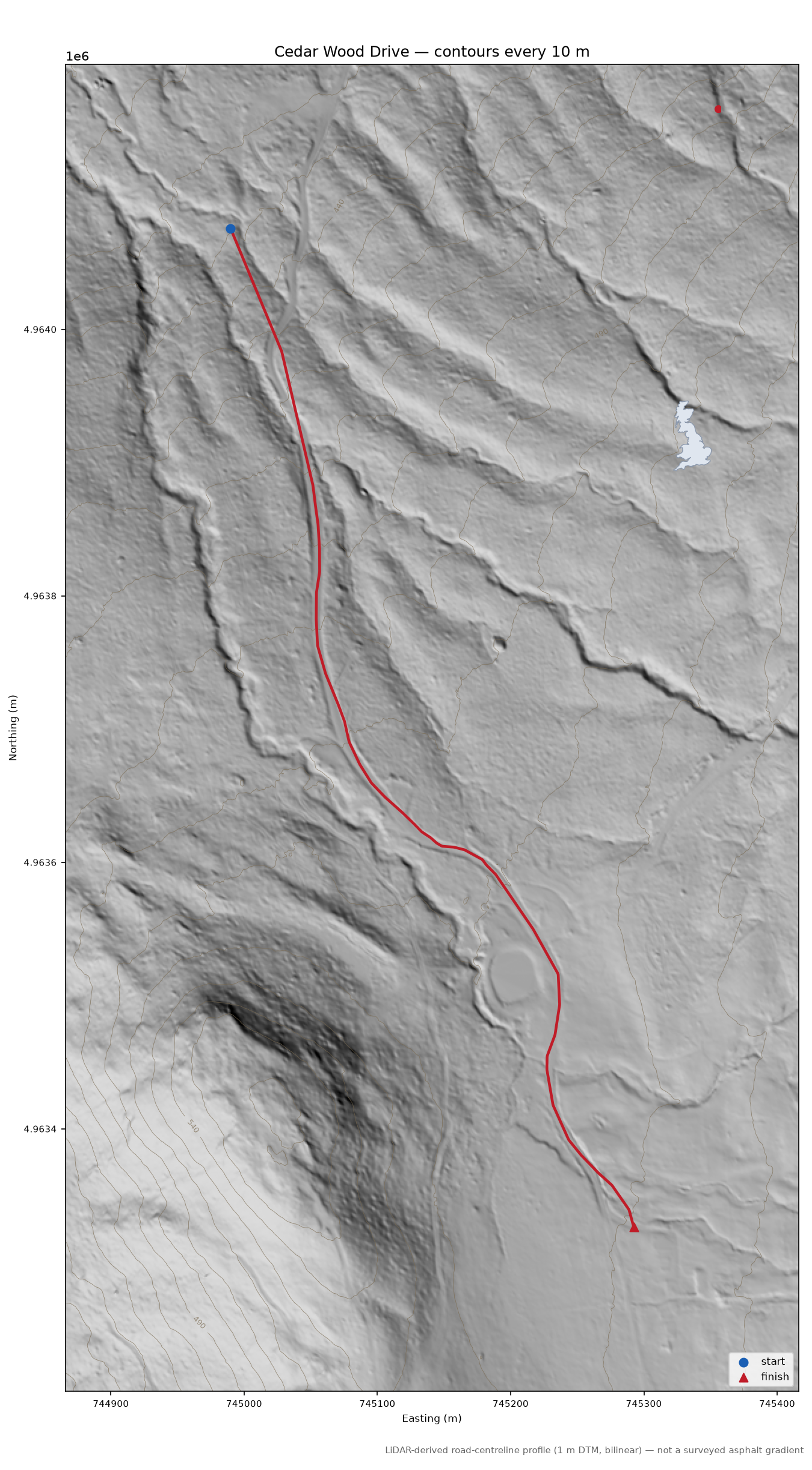 Cedar Wood Drive LiDAR hillshade map with contours