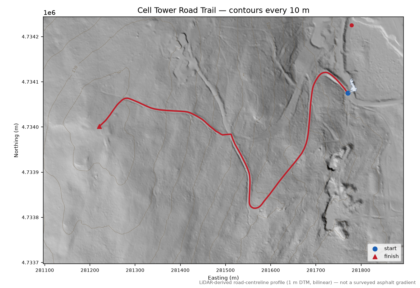 Cell Tower Road Trail LiDAR hillshade map with contours