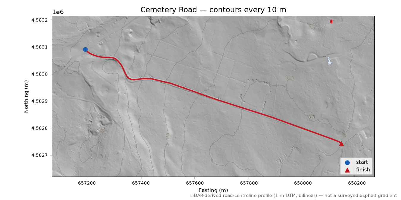 Cemetery Road LiDAR hillshade map with contours