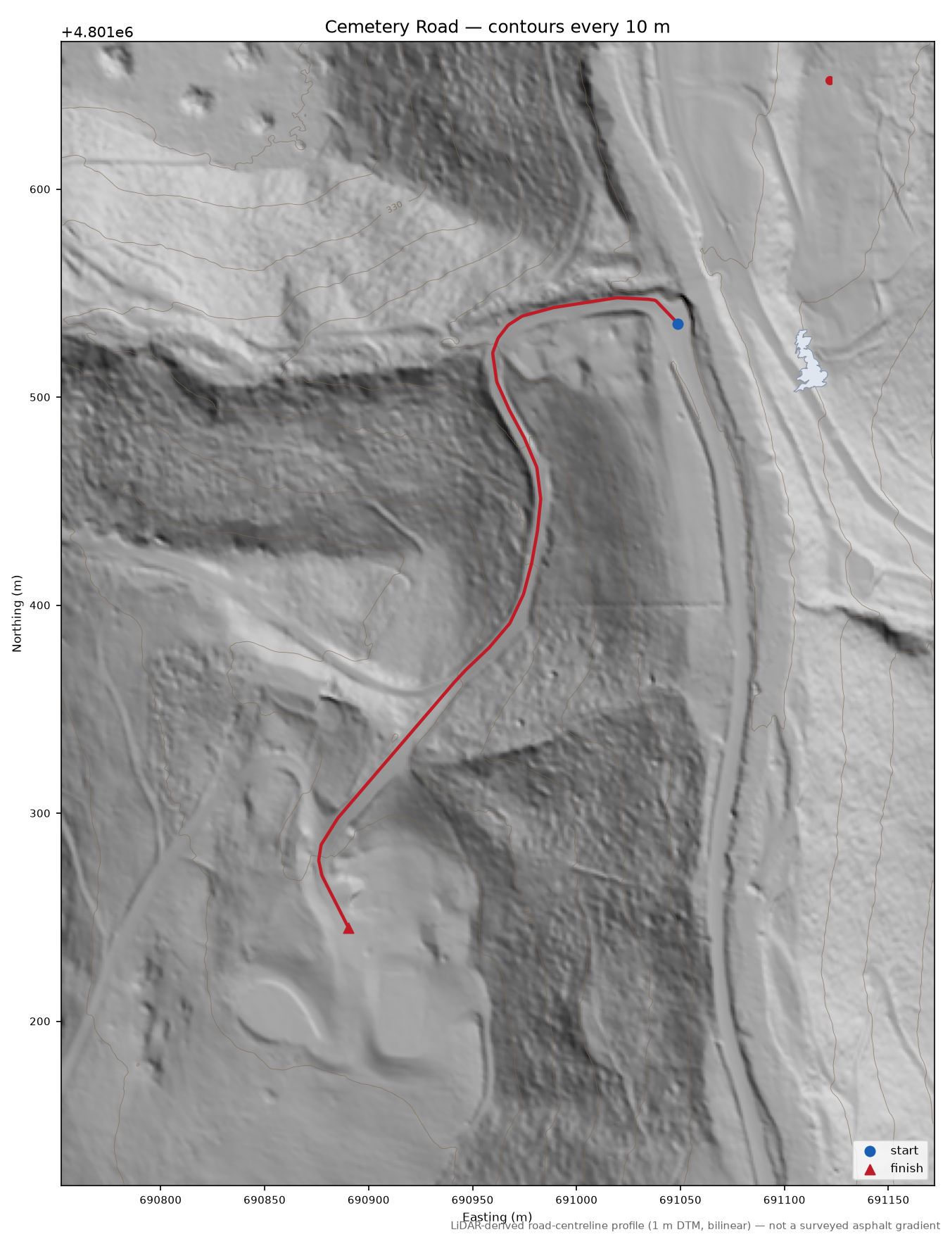 Cemetery Road LiDAR hillshade map with contours